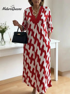 🌷Elegant Art Print Color Block Trim V-neck Midi Dress