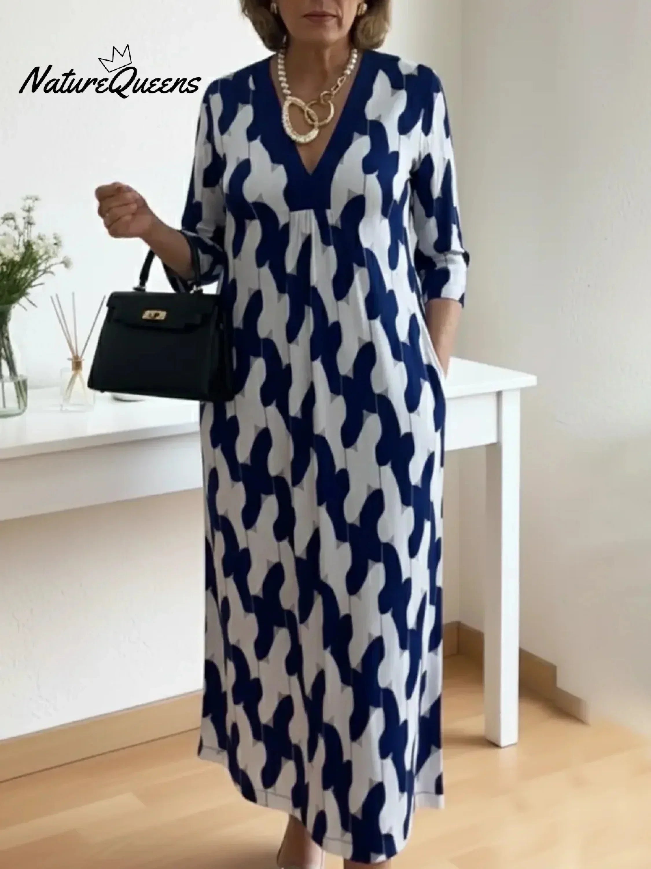 🌷Elegant Art Print Color Block Trim V-neck Midi Dress