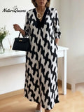 🌷Elegant Art Print Color Block Trim V-neck Midi Dress