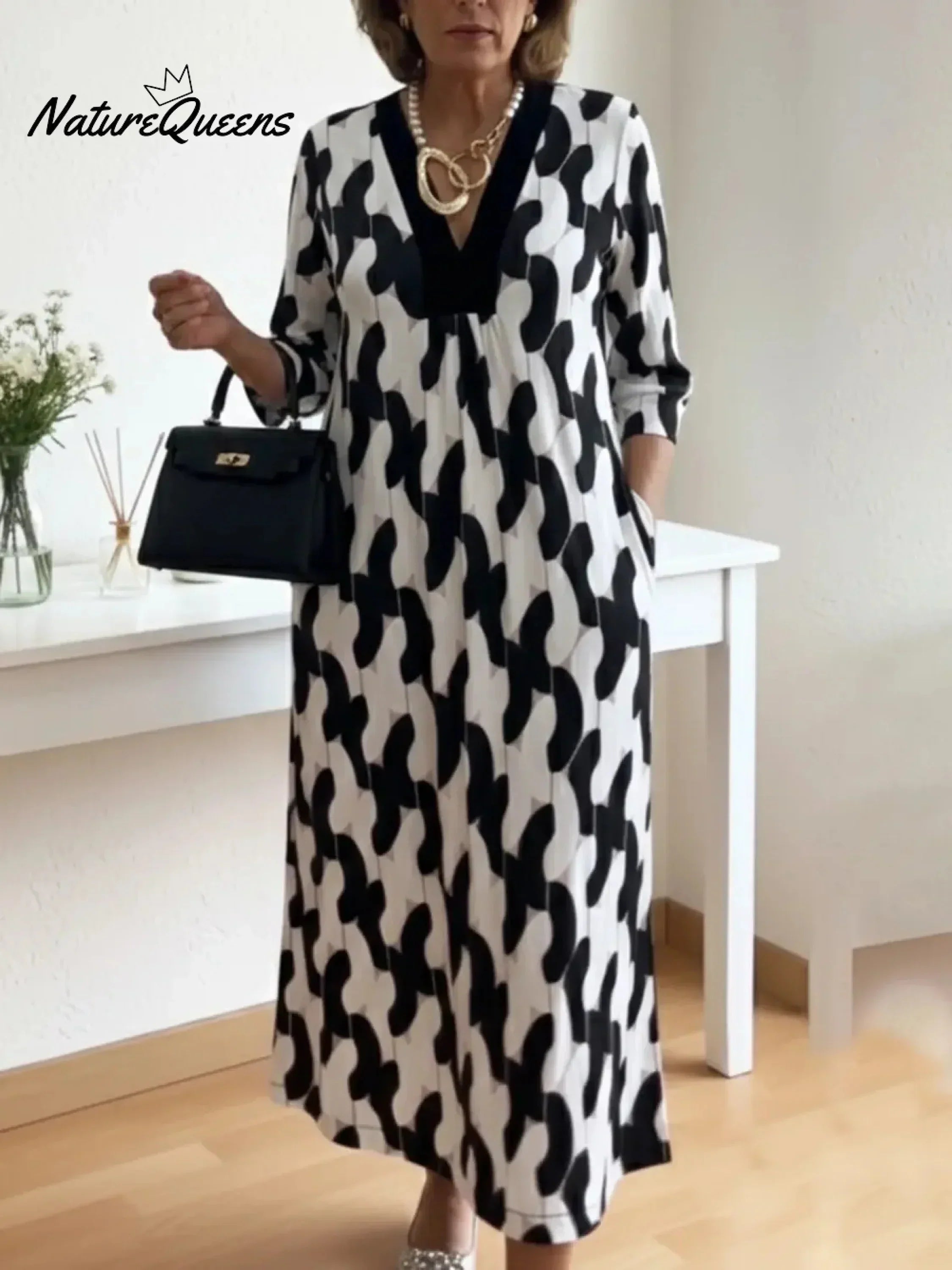🌷Elegant Art Print Color Block Trim V-neck Midi Dress