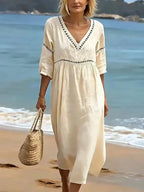 📦📦Women's Solid Color Retro Casual Stylish Vacation Cotton Dress