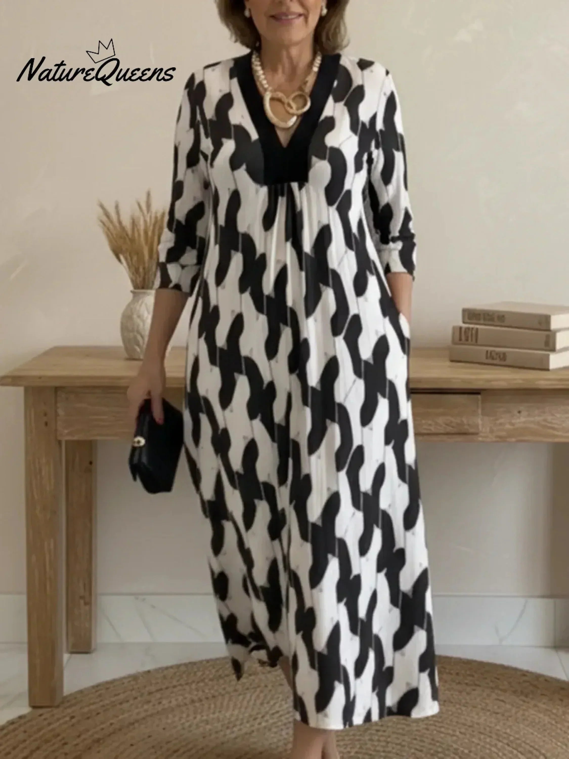 🌷Elegant Art Print Color Block Trim V-neck Midi Dress