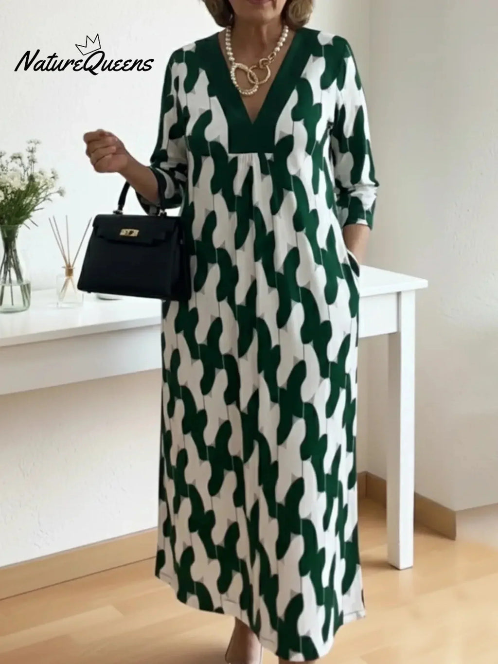 🌷Elegant Art Print Color Block Trim V-neck Midi Dress