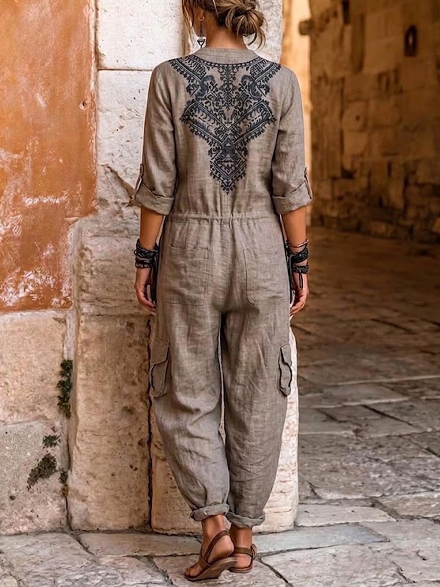 📦📦LAST DAY SAVE 49% ⏰Women's V-neck Long-sleeve Casual Loose Cotton-linen Wide-leg Jumpsuit With Placement Print