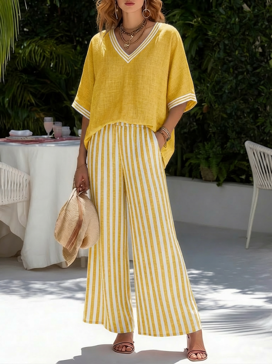 📦📦Casual Two-piece Set: Striped Linen & Cotton Patchwork Top And Striped Trousers— Look Put Together in 5 Seconds