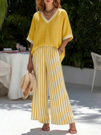 📦📦Casual Two-piece Set: Striped Linen & Cotton Patchwork Top And Striped Trousers— Look Put Together in 5 Seconds
