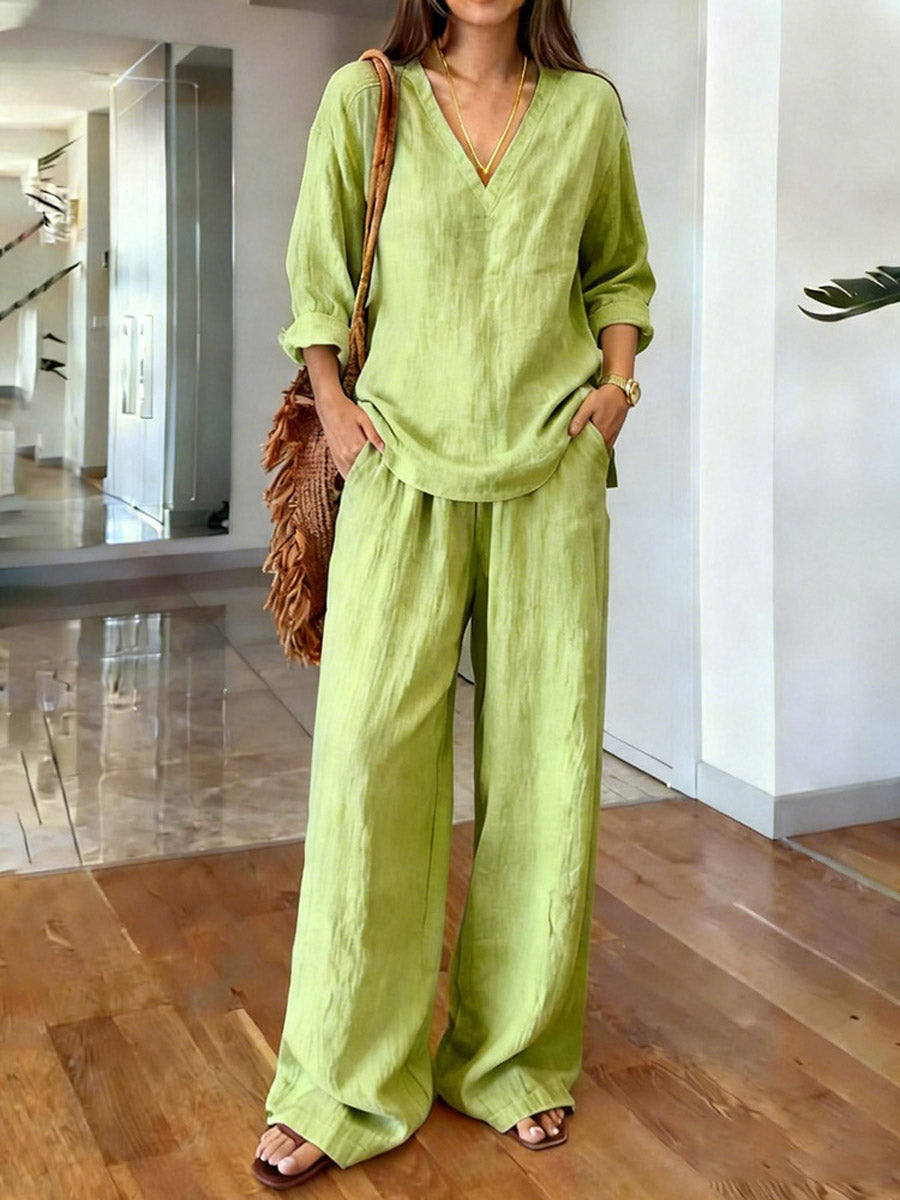 💝💝Women's Solid Color Art Comfortable Casual Top And Pants Cotton Two-piece Set