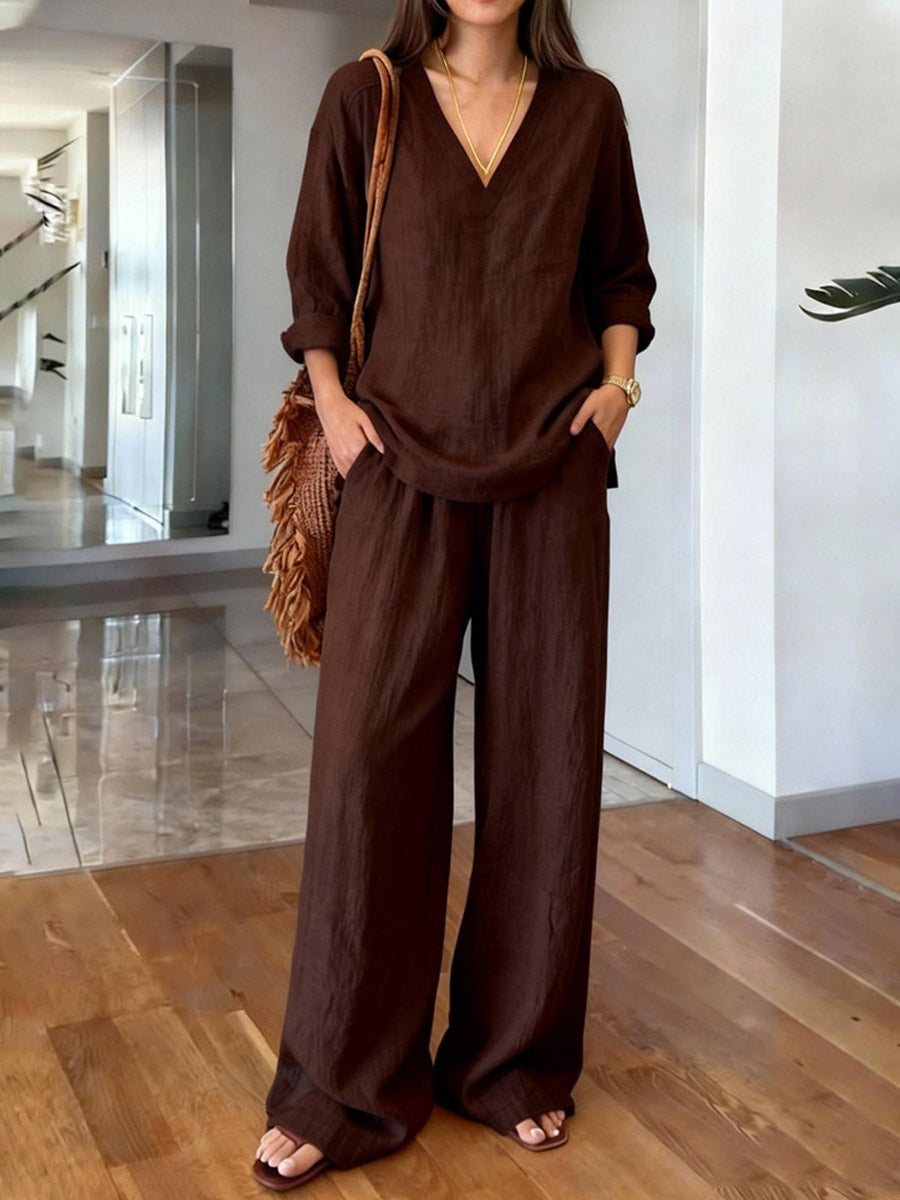💝💝Women's Solid Color Art Comfortable Casual Top And Pants Cotton Two-piece Set
