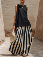 📦📦LAST DAY SAVE 49% ⏰Vacation Cozy Top And Artistic Striped Skirt Linen Cotton Two-piece Set