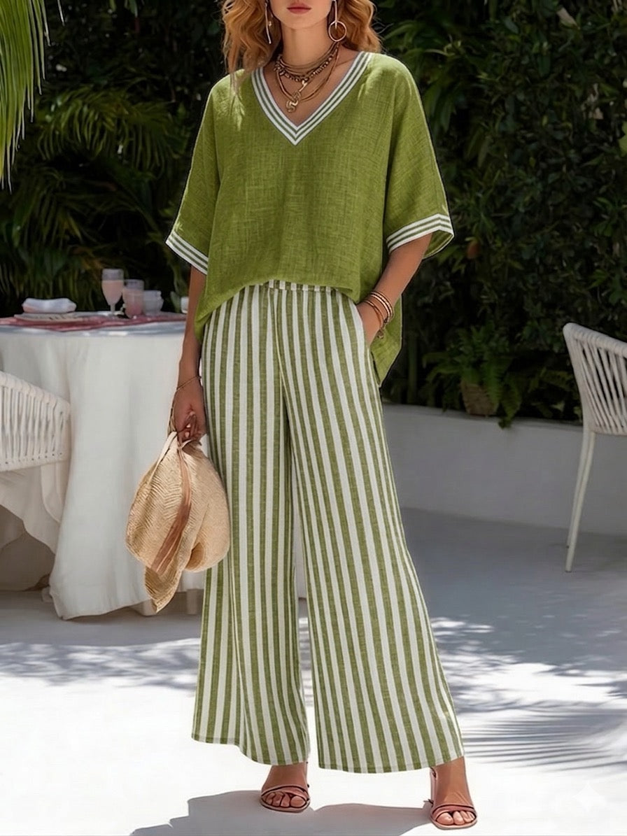 📦📦Casual Two-piece Set: Striped Linen & Cotton Patchwork Top And Striped Trousers— Look Put Together in 5 Seconds