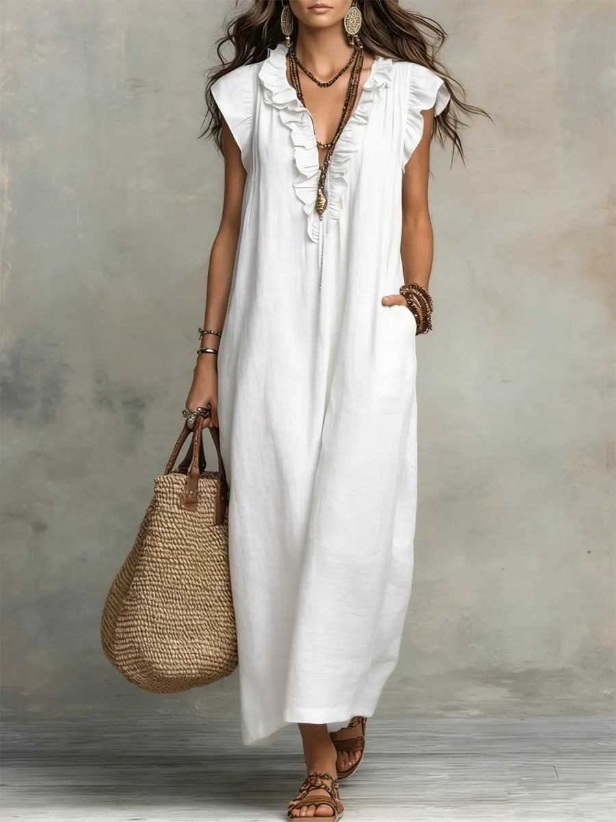 🌷Flowy Ruffle V-Neck Maxi Dress – Elegant, Slimming & Effortlessly Chic