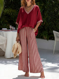 📦📦Casual Two-piece Set: Striped Linen & Cotton Patchwork Top And Striped Trousers— Look Put Together in 5 Seconds
