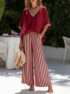 📦📦Casual Two-piece Set: Striped Linen & Cotton Patchwork Top And Striped Trousers— Look Put Together in 5 Seconds