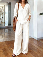 💝💝Women's Solid Color Art Comfortable Casual Top And Pants Cotton Two-piece Set
