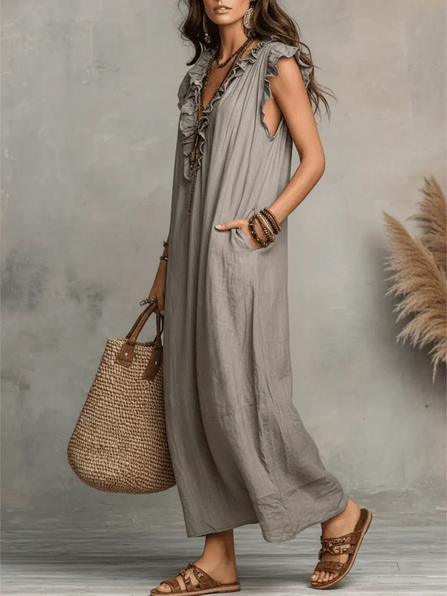 Flowy Ruffle V-Neck Maxi Dress – Elegant, Slimming & Effortlessly Chic