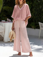 📦📦Casual Two-piece Set: Striped Linen & Cotton Patchwork Top And Striped Trousers— Look Put Together in 5 Seconds