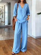 💝💝Women's Solid Color Art Comfortable Casual Top And Pants Cotton Two-piece Set