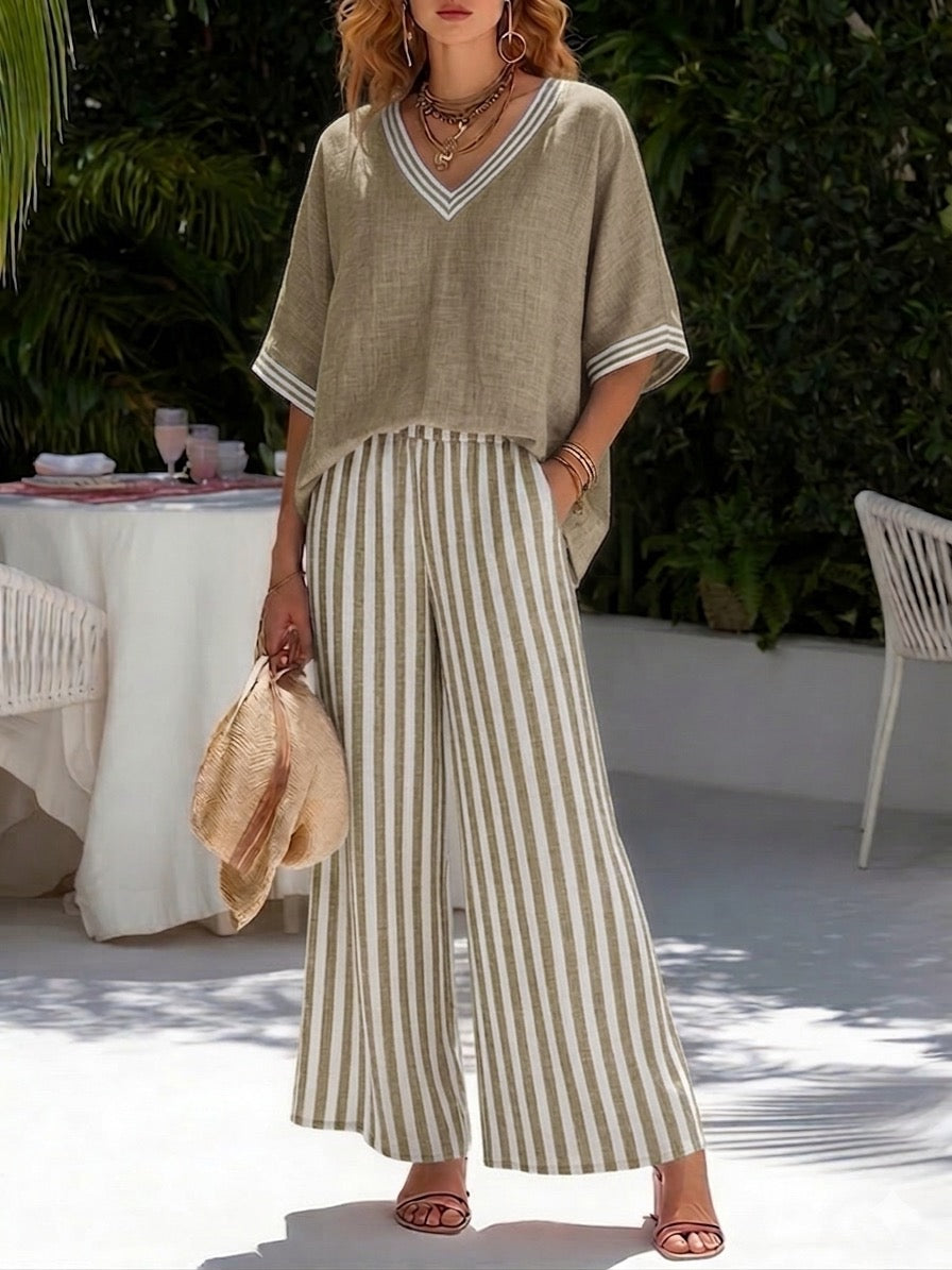 📦📦Casual Two-piece Set: Striped Linen & Cotton Patchwork Top And Striped Trousers— Look Put Together in 5 Seconds