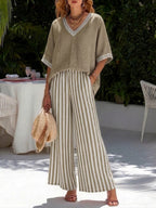 📦📦Casual Two-piece Set: Striped Linen & Cotton Patchwork Top And Striped Trousers— Look Put Together in 5 Seconds
