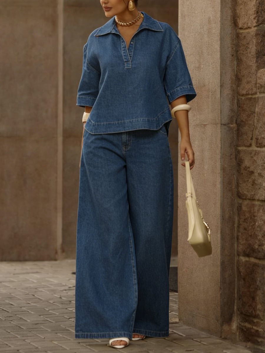 📦📦LAST DAY SAVE 49%Women's Casual 100% Cotton Denim Top And Wide-leg Pants Two-piece Set