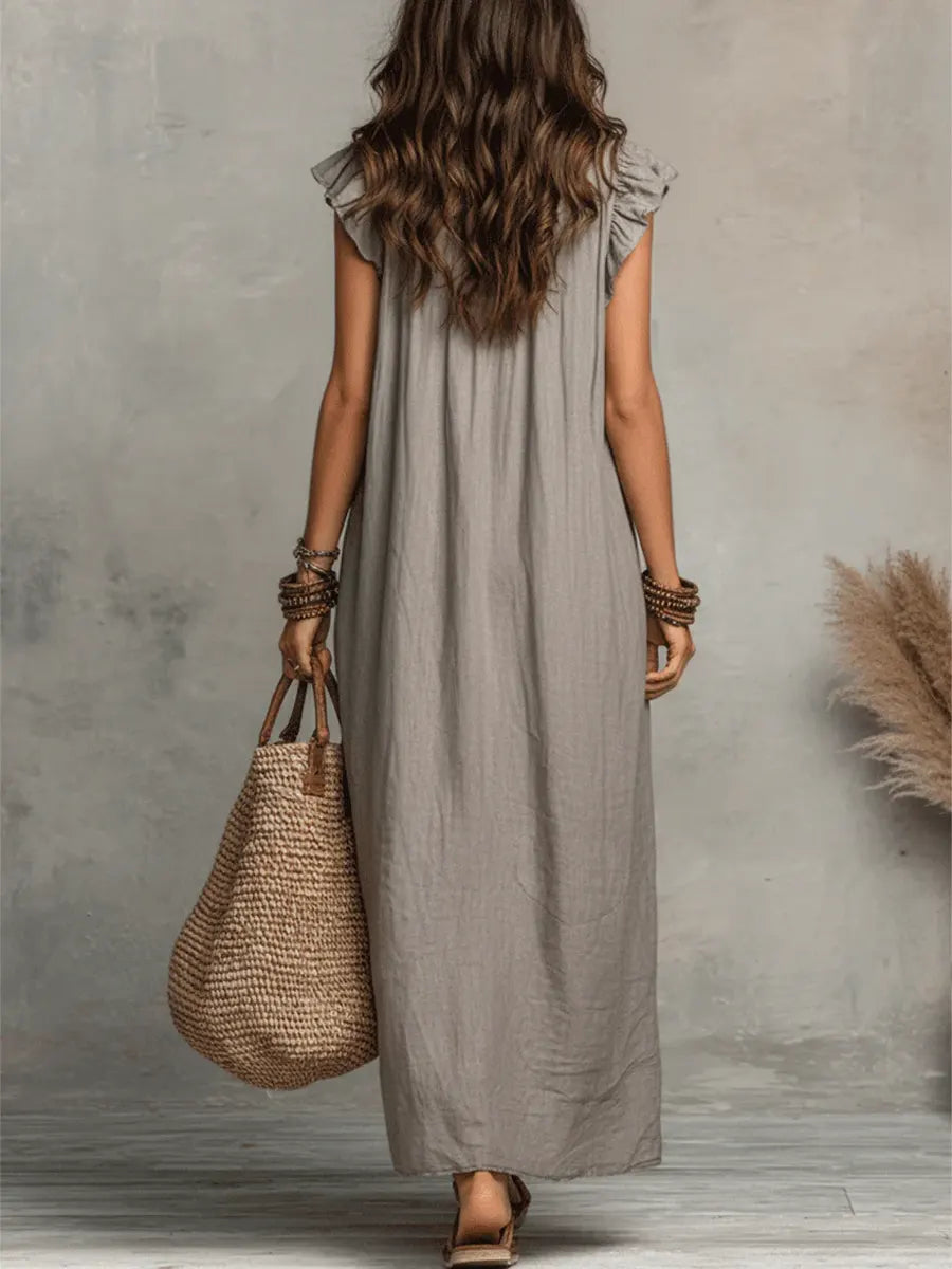 Flowy Ruffle V-Neck Maxi Dress – Elegant, Slimming & Effortlessly Chic