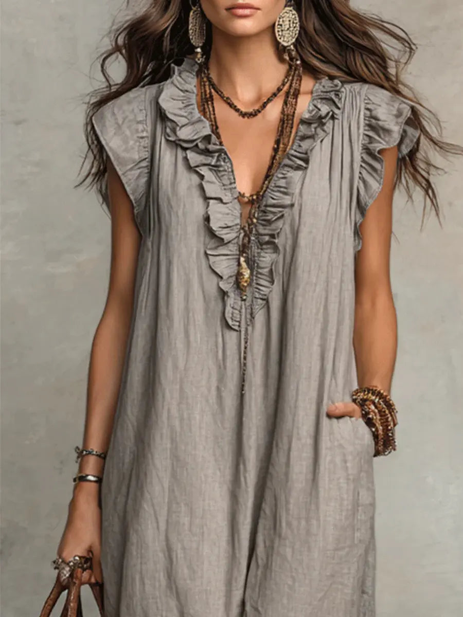 Flowy Ruffle V-Neck Maxi Dress – Elegant, Slimming & Effortlessly Chic
