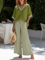 📦📦Casual Two-piece Set: Striped Linen & Cotton Patchwork Top And Striped Trousers— Look Put Together in 5 Seconds