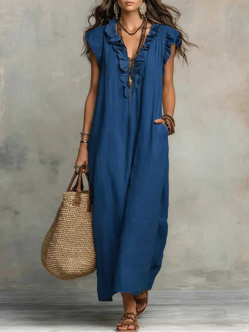 Flowy Ruffle V-Neck Maxi Dress – Elegant, Slimming & Effortlessly Chic