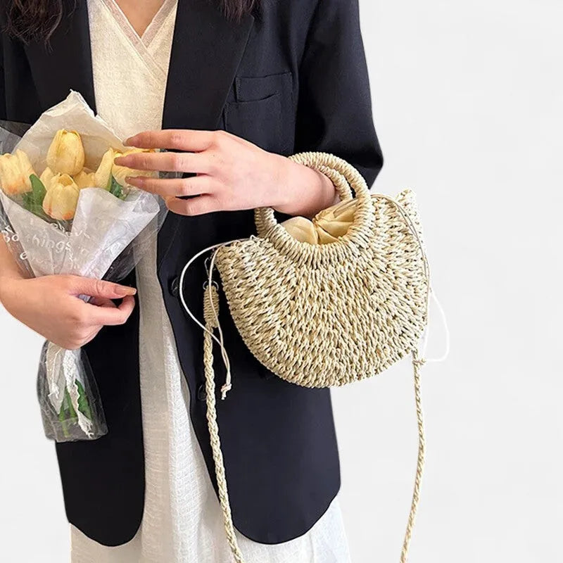 🌷Women woven summer beach half moon shoulder bags vintage