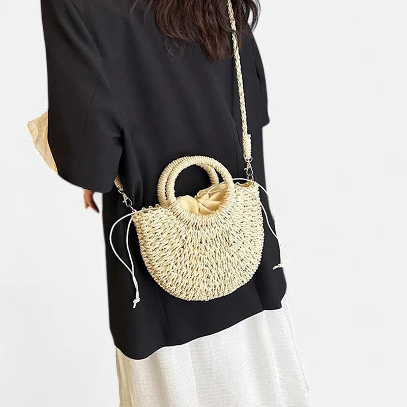 🌷Women woven summer beach half moon shoulder bags vintage