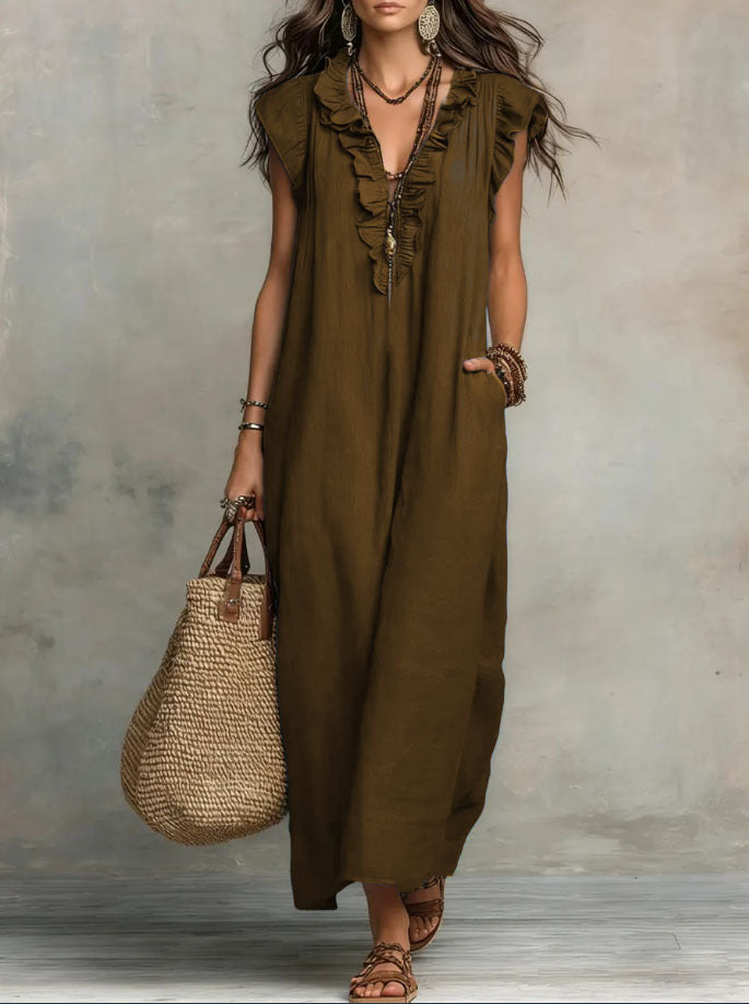 🌷Flowy Ruffle V-Neck Maxi Dress – Elegant, Slimming & Effortlessly Chic