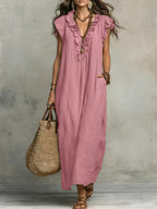 🌷Flowy Ruffle V-Neck Maxi Dress – Elegant, Slimming & Effortlessly Chic