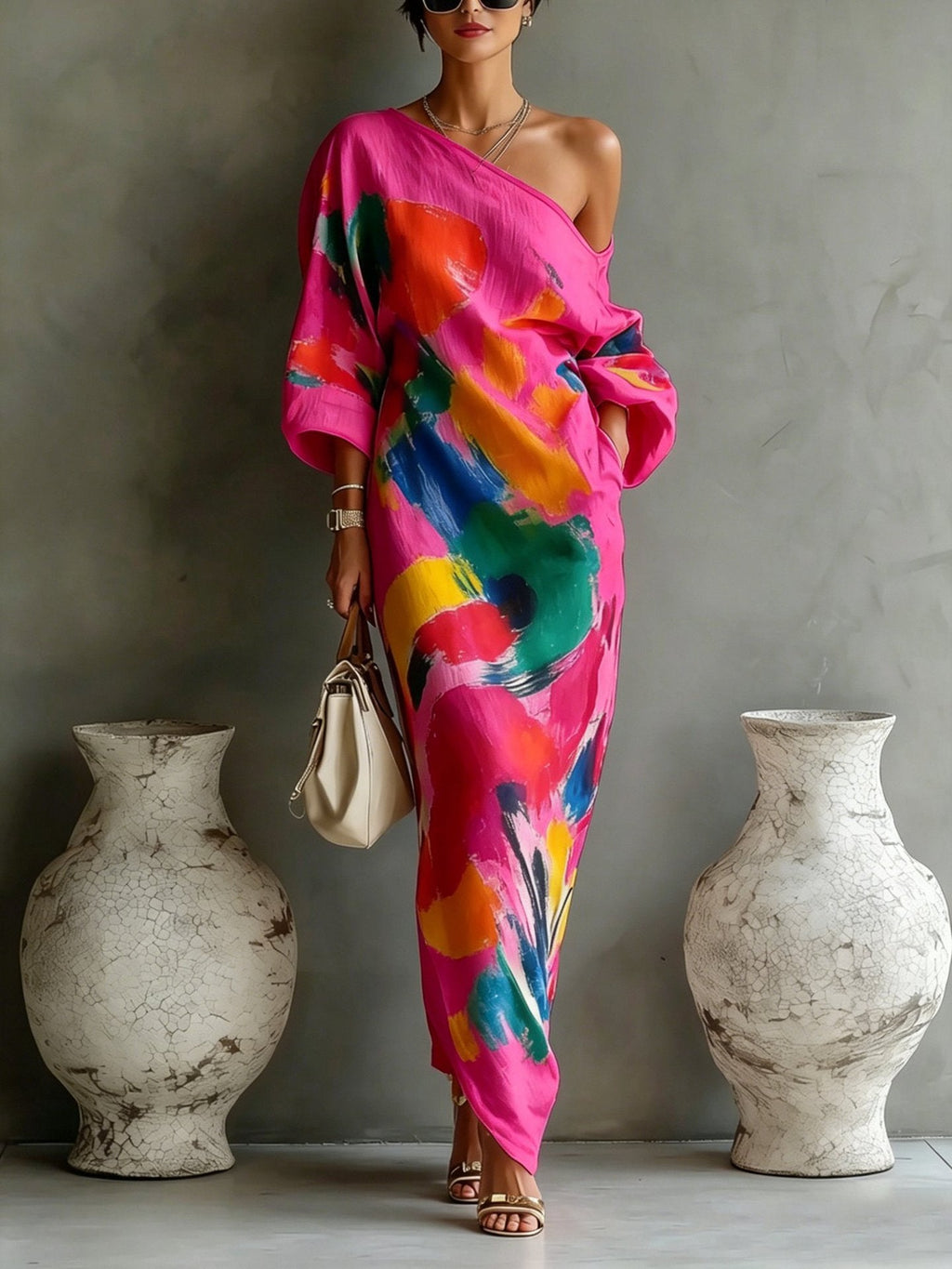 🌷🌷Women's Artistic Print One-shoulder Maxi Dress