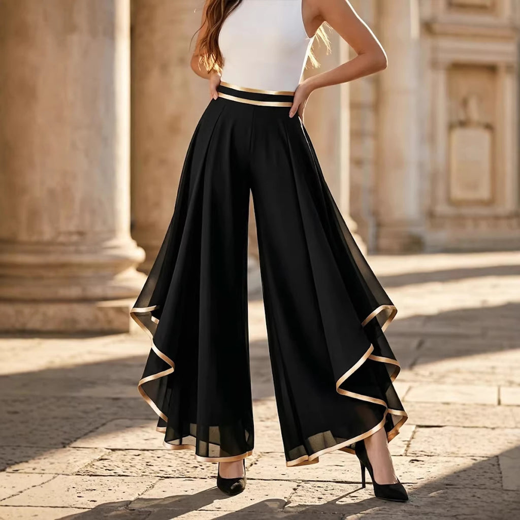 🌷🌷Elegant Gold Trim Wide Leg Chiffon Pants
