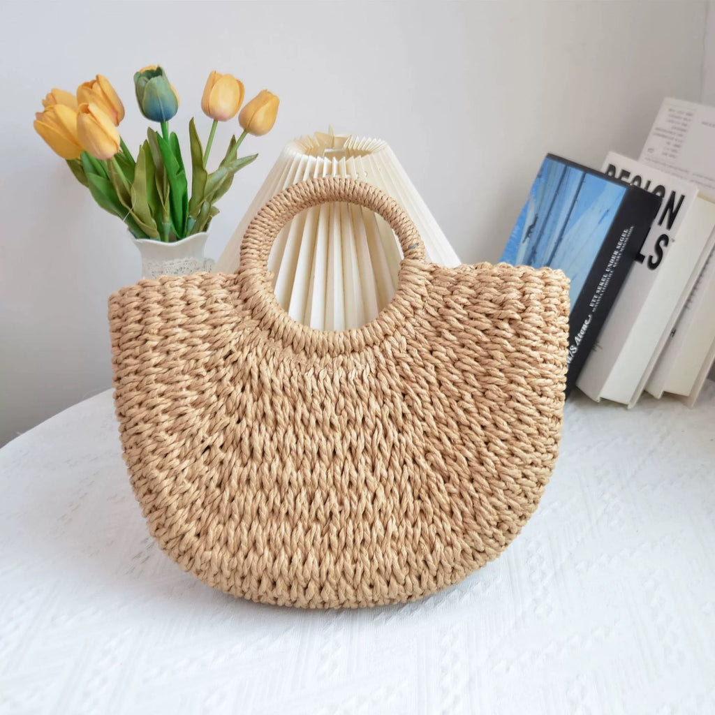 🌷Women woven summer beach half moon shoulder bags vintage