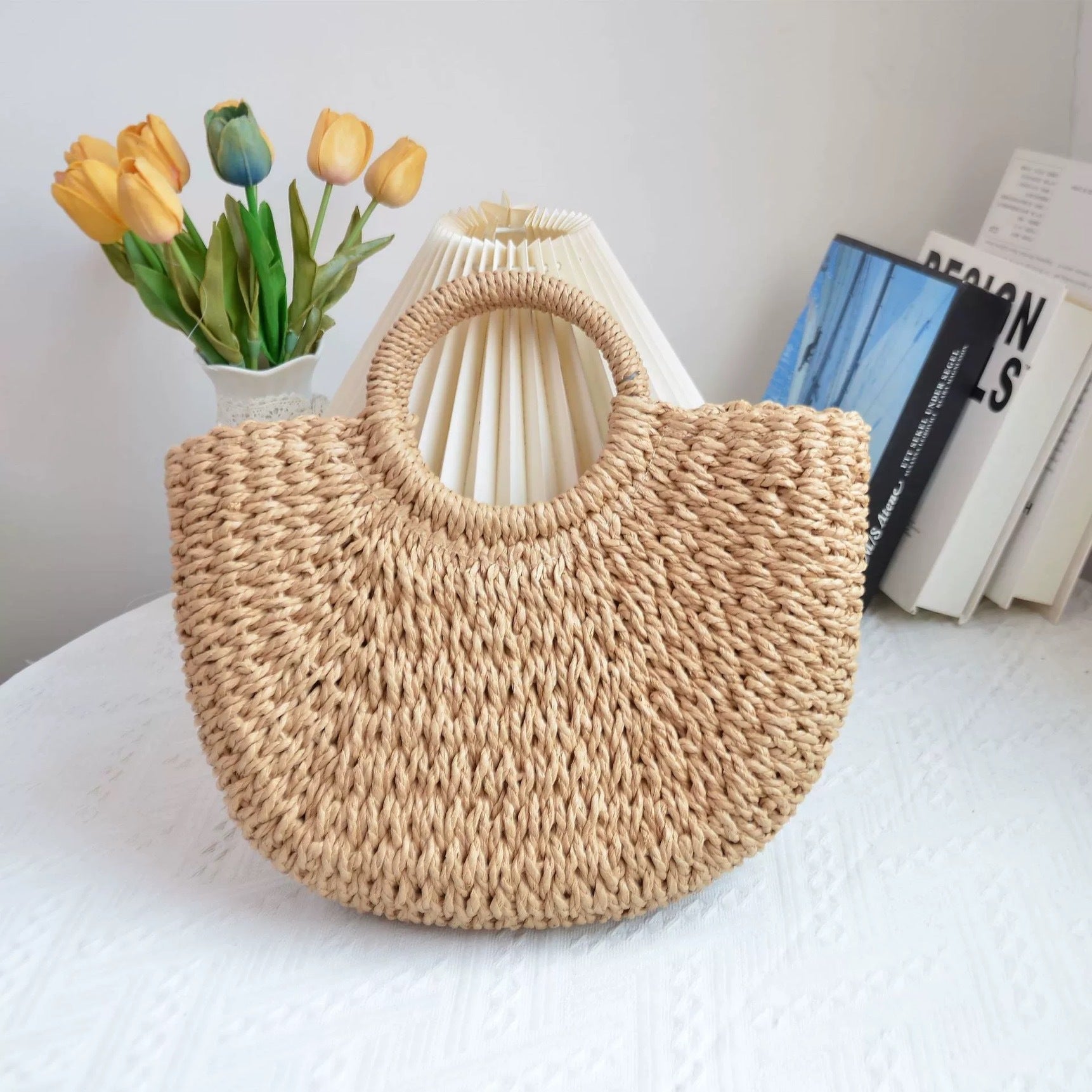 🌷Women woven summer beach half moon shoulder bags vintage