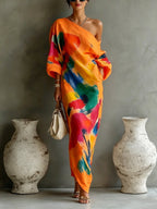 🌷🌷Women's Artistic Print One-shoulder Maxi Dress