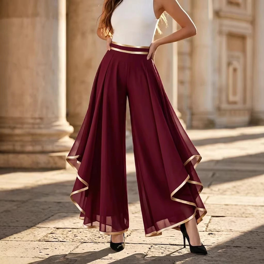 🌷🌷Elegant Gold Trim Wide Leg Chiffon Pants