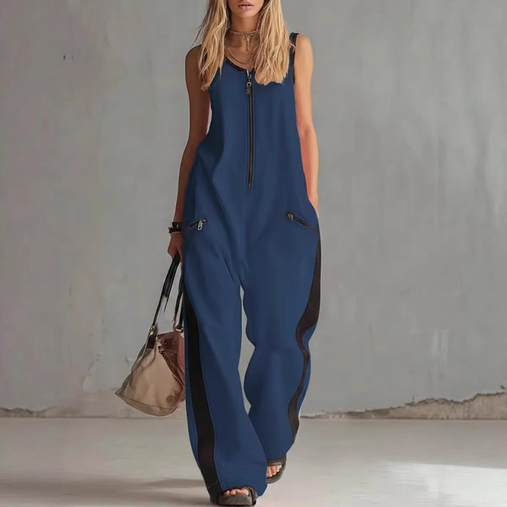 🌷Loose Sleeveless Contrast Color Pockets Zipper V-Neck Jumpsuits