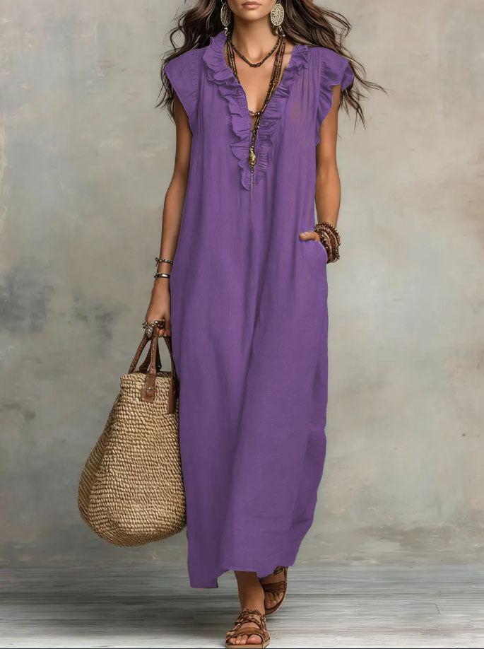 🌷Flowy Ruffle V-Neck Maxi Dress – Elegant, Slimming & Effortlessly Chic