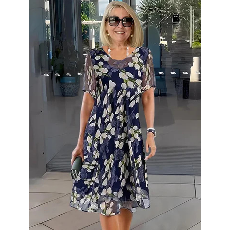 🌷🌷50% OFF NOW! ✨ Women's Floral A-Line Party Dress – Double-Layer Chiffon, Elegant Print & Knee-Length Fit 👗