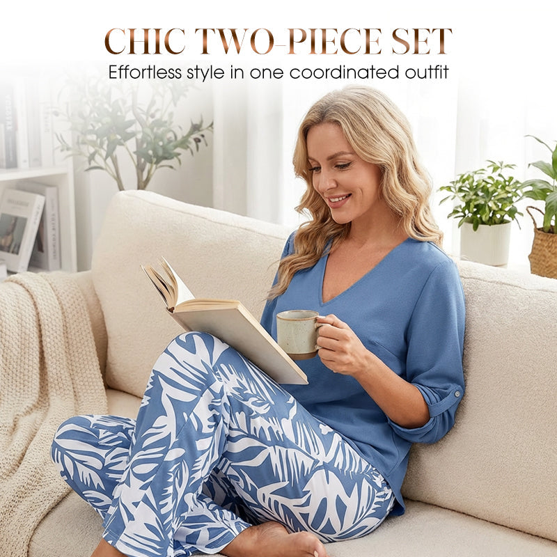 🔥🔥LAST DAY SAVE 50%OFF Free Shipping💞Women's V-Neck Blouse & Printed Wide-Leg Pants Set