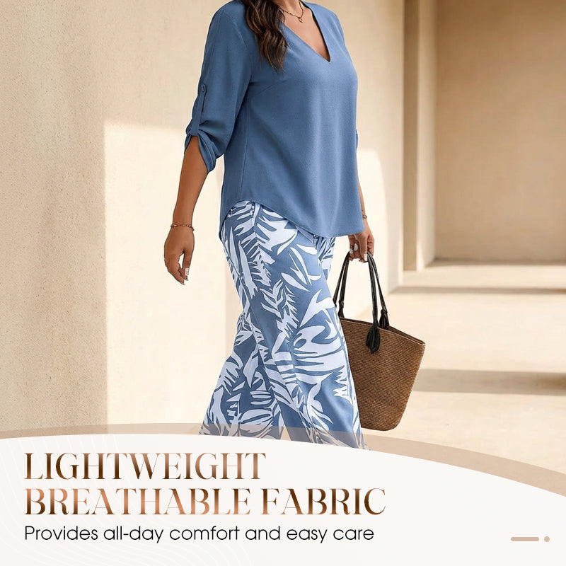 🔥🔥LAST DAY SAVE 50%OFF Free Shipping💞Women's V-Neck Blouse & Printed Wide-Leg Pants Set