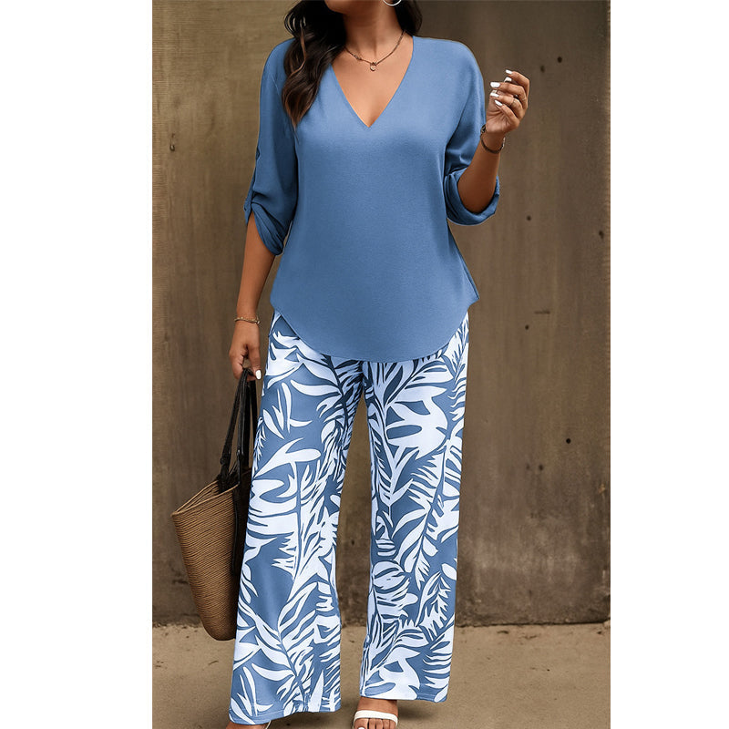 🔥🔥LAST DAY SAVE 50%OFF Free Shipping💞Women's V-Neck Blouse & Printed Wide-Leg Pants Set