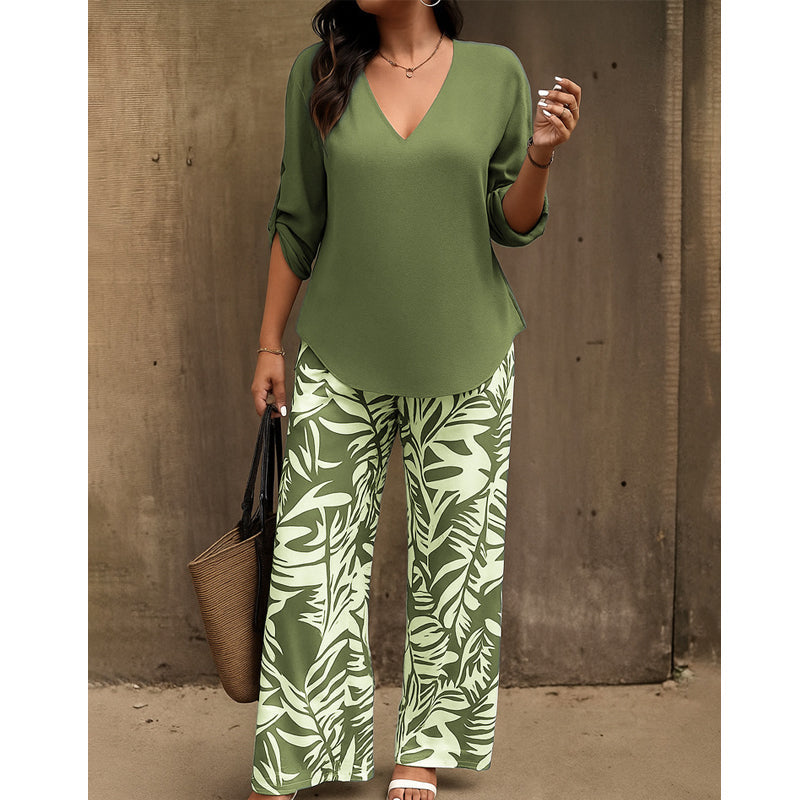 🔥🔥LAST DAY SAVE 50%OFF Free Shipping💞Women's V-Neck Blouse & Printed Wide-Leg Pants Set