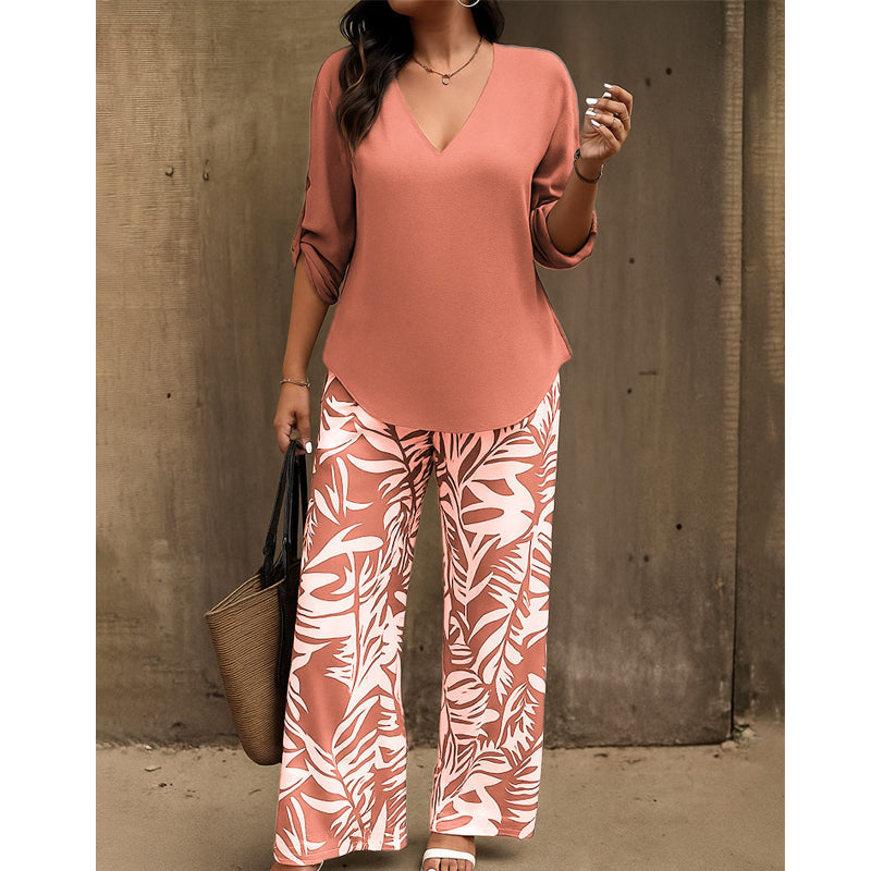 🔥🔥LAST DAY SAVE 50%OFF Free Shipping💞Women's V-Neck Blouse & Printed Wide-Leg Pants Set