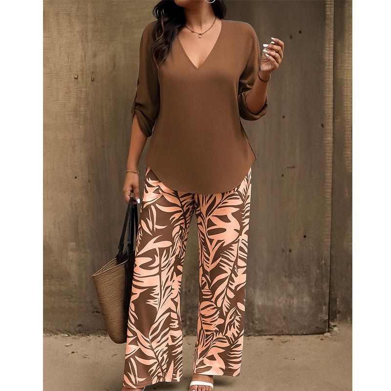 🔥🔥LAST DAY SAVE 50%OFF Free Shipping💞Women's V-Neck Blouse & Printed Wide-Leg Pants Set