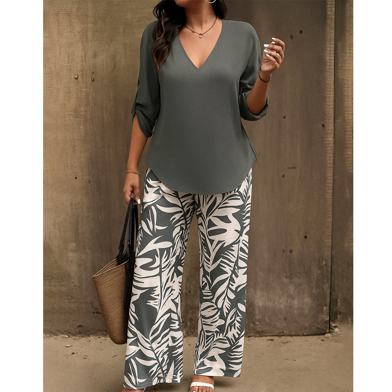 🔥🔥LAST DAY SAVE 50%OFF Free Shipping💞Women's V-Neck Blouse & Printed Wide-Leg Pants Set