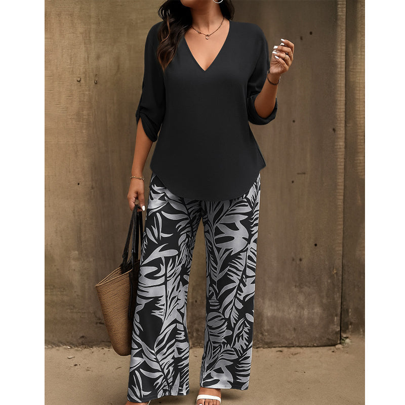 🔥🔥LAST DAY SAVE 50%OFF Free Shipping💞Women's V-Neck Blouse & Printed Wide-Leg Pants Set